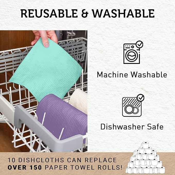 Nordhus Design Swedish Dishcloths, Multi Colors, 10-Pack, Reusable, Washable Cellulose Cotton Kitchen Cloths - Replace Paper Towels, Wipes, Sponges, Dish Rags