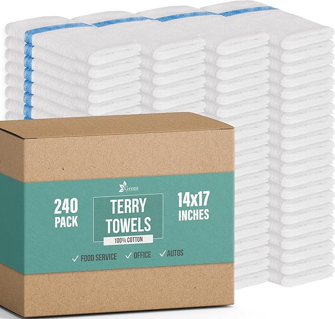 GREEN LIFESTYLE Blue Stripe Terry Towels, White Rags, Bar Towels, 100% Cotton Absorbent and Durable, Multipurpose Cleaning Rags, Cotton Cleaning Rags, Kitchen Rags (14”x17”, Pack of 240)