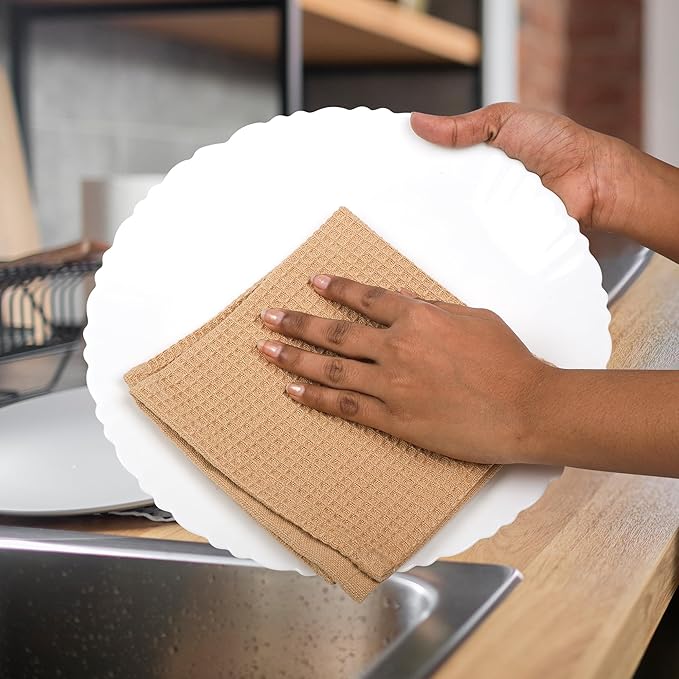 100% Cotton Waffle Dish Cloths (Pack of 6) - Dish Rags for Washing Dishes - Reusable & Highly Absorbent Kitchen Towels - Multipurpose Kitchen Rags - (12" x 12" - Beige)