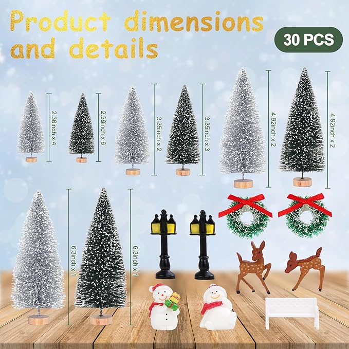 Waipfaru Christmas Village Accessories, 30 Pcs Christmas Village Display Platforms with Snowman, Mini Bottle Brush Christmas Trees, Miniature Small Pine Trees for Xmas Table Winter Decor