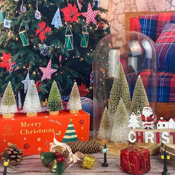 Mini Christmas Tree Bottle Brush Christmas Trees Decor for Christmas Decorations Wooden Bases (Gold and White)
