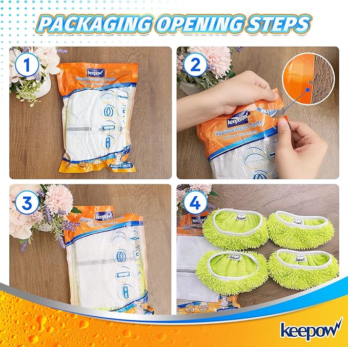 KEEPOW Reusable Mop Pads Compatible with Swiffer Sweeper Mop, Microfiber Dry Sweeping Cloths, Washable Wet Pads Refills Mopping Cloth Refills for Hardwood Floor Cleaning, 4 Pack (Mop is Not Included)