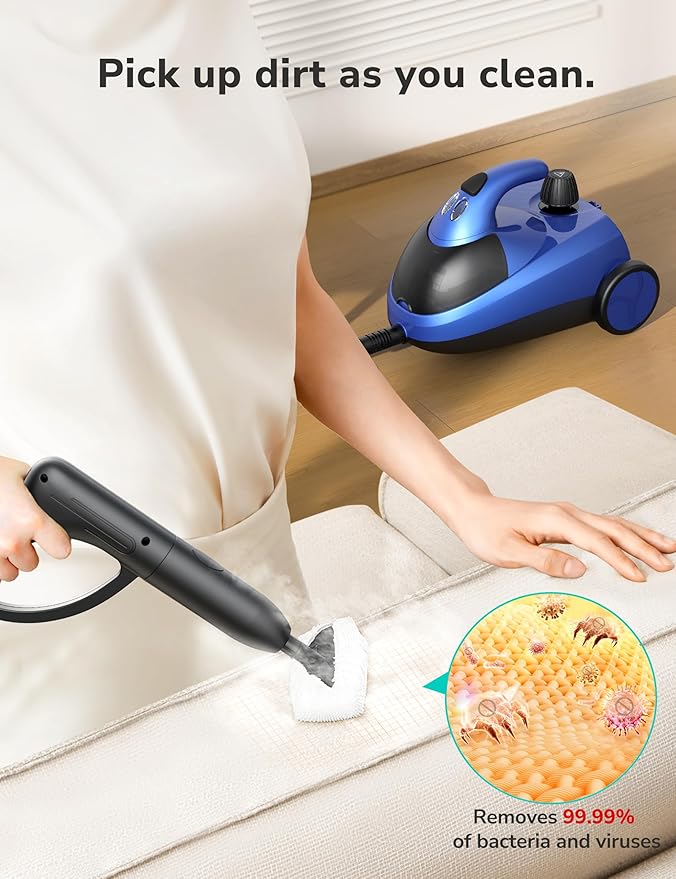 Steam Cleaner with 21 Accessories, 5 Minutes Fast Heating, Multipurpose Portable Canister Steamer for Floors, Carpet, Cars, Tiles, Grout Cleaning, Chemical-free, 1.5L Capacity