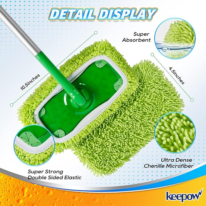 KEEPOW Reusable Mop Pads Compatible with Swiffer Sweeper Mop, Microfiber Dry Sweeping Cloths, Washable Wet Pads Refills Mopping Cloth Refills for Hardwood Floor Cleaning, 4 Pack (Mop is Not Included)