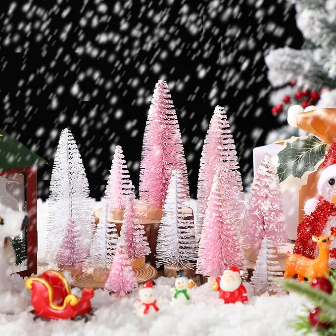Leyndo 48 Pcs Pink Artificial Mini Christmas Tree Xmas Sisal Bottle Brush Trees with Wood Base Christmas Decor for Xmas Party Table Top Winter Ornaments Home Kitchen Crafts