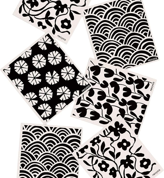 RECYCO Reusable Dish Cloth 12 Pack Swedish Dish Clothes for Kitchen Counter Cotton Cellulose Absorbent Machine Washable Plant Based Okeo Tex Standard 100 Sponge Wipes Women Owned (Black & White)