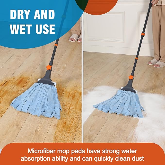 Microfiber String Wet Mops for Floor Cleaning, Heavy Duty Industrial Mop for Kitchen Basement Cleaning, Commercial Mop with Extendable Long Handle,Blue