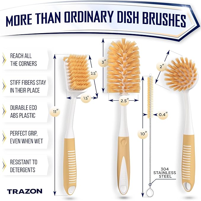 Dish Brush Set of 4 - Kitchen Scrub Brushes with Non-Slip Long Handle for Cleaning, Scrubber, Dishwashing, Dishes, Bottles, Straws, Cups, Pots & Sink, Baige