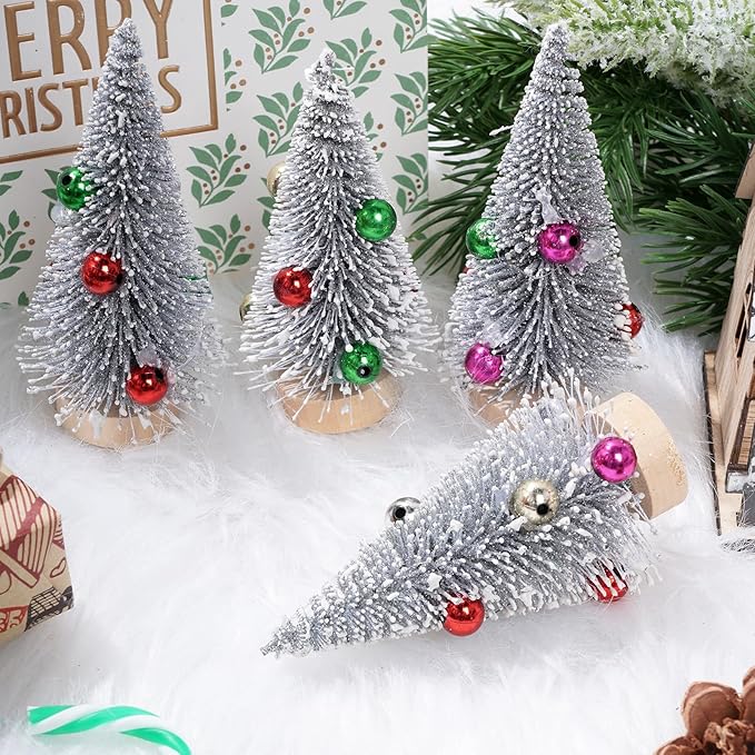 Yookat 12Pcs Mini Christmas Trees Small Sisal Trees Mini Pine Trees with Wood Base Mini Bottle Brush Trees Artificial Mini Christmas Trees Assorted Color for Christmas Winter Decoration (Silver)