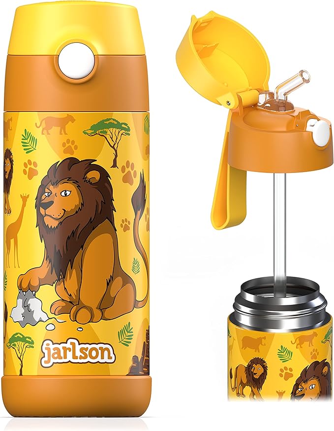 kids water bottle with straw - CHARLI - insulated stainless steel water bottle - thermos - girls/boys (Lion 'Star', 12 oz)