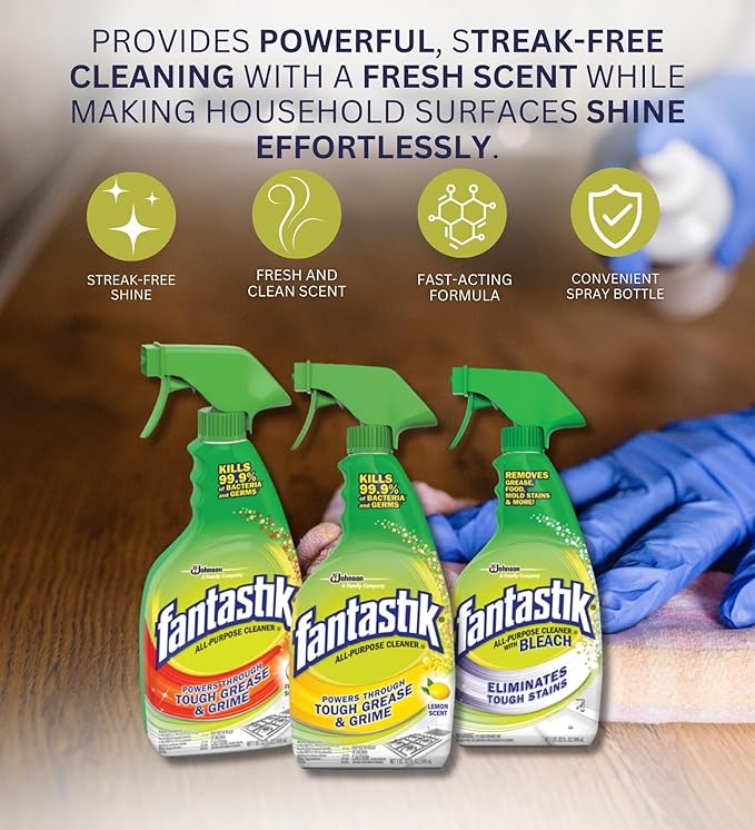 Fantastik All Purpose Cleaner Spray 32 oz + Lemon Scent All Purpose Cleaner Spray 32 oz + All Purpose Cleaner Spray with Bleach 32 oz Bundle with Microfiber Cloth - Multi-Surface Cleaning - (7 Items)