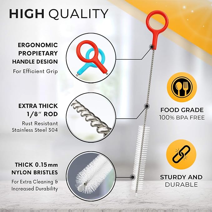 Heavy Duty Cleaning Brushes Set of 8 - Extra Long Straw Cleaners for Metal and Plastic Reusable Drinking Straws, to Clean Small Spaces, Sippy Cups, Water Bottles - Sturdy Hard Brush Bristles