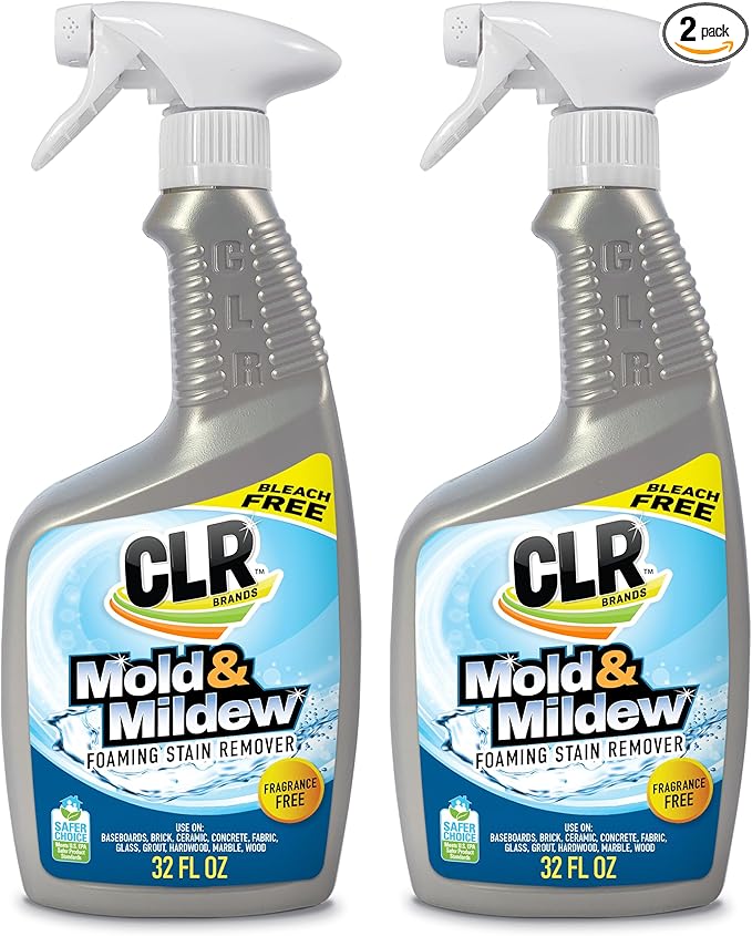 CLR Mold & Mildew Clear, Bleach-Free Stain Remover Spray Works on Fabric, Wood, Fiberglass, Concrete, Brick, Glass, and More - EPA Safer Choice, 32 Fl Oz (Pack of 2)