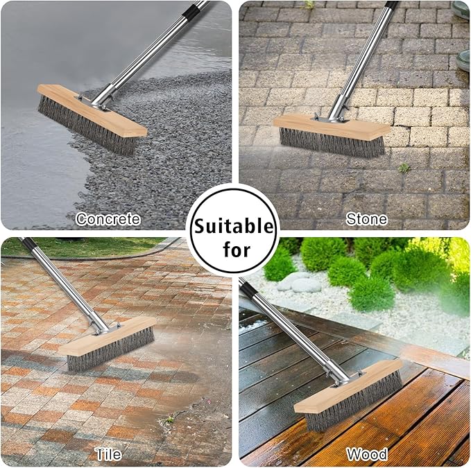 Heavy Duty Wire Brush, Multifunction Outdoor Push Broom for Garden Cleaning, Wide Metal Scrub Broom with Detachable 64.9in Handle for Deck Pavers Patios Walkways Concrete Floor