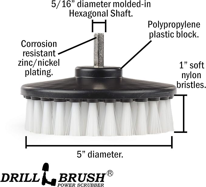 Drillbrush 5" Round Soft Bristle Scrub Brush Power Drill Attachment - Car Carpet Cleaning - Interior Detailing Tool - Tire Cleaner Drill Attachment - Automotive Seat Cleaning Brush - Wheel Polishing