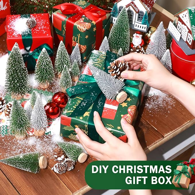 Set of 35PCS Mini Christmas Tree, Christmas Pine Cones, 2oz Fake Snow Powder, Mixed Christmas Decoration, Xmas Village Displays Winter DIY Crafts (Classic Green)