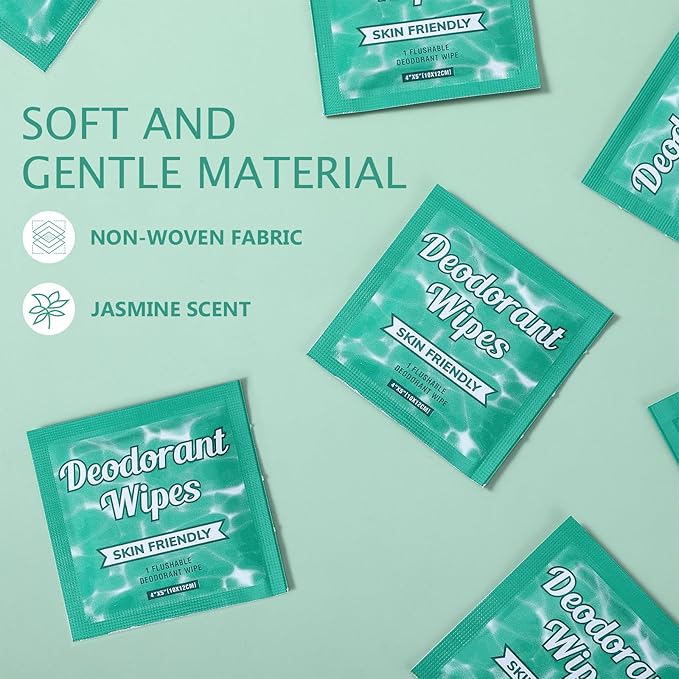 Timgle 100 Pcs Travel Deodorant Wipes Individually Wrapped Armpit Antiperspirant Deodorant Sweat Body Wipes for Women Men Teens Sports Travel Cleanse Skin and Underarm Excessive Sweating (Jasmine)
