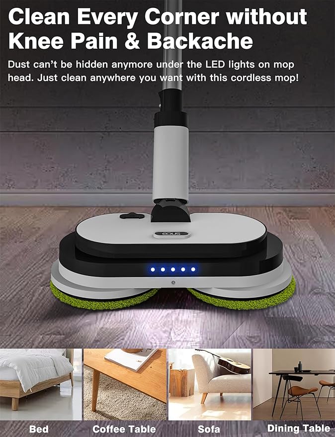 EOUS Cordless Electric Mop, Floor Cleaner with LED Headlight & Water Sprayer, Up to 60 Mins Detachable Battery, Dual-Motor Powerful Spin Mop, 300ML Water Tank for Multi-Surface, Self-Propelled