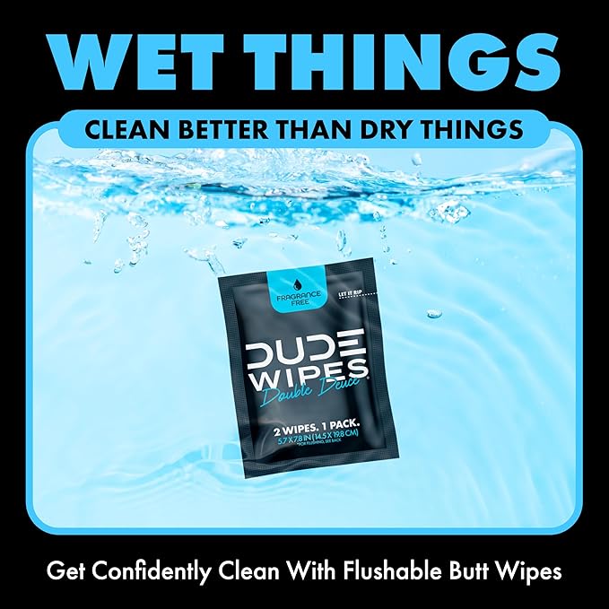DUDE Wipes - Double Deuce - Two-In-One On-The-Go Flushable Wipes - 2 Pack, 80 Wipes - Unscented Extra-Large Individually Wrapped Wipes with Vitamin E & Aloe - Septic and Sewer Safe