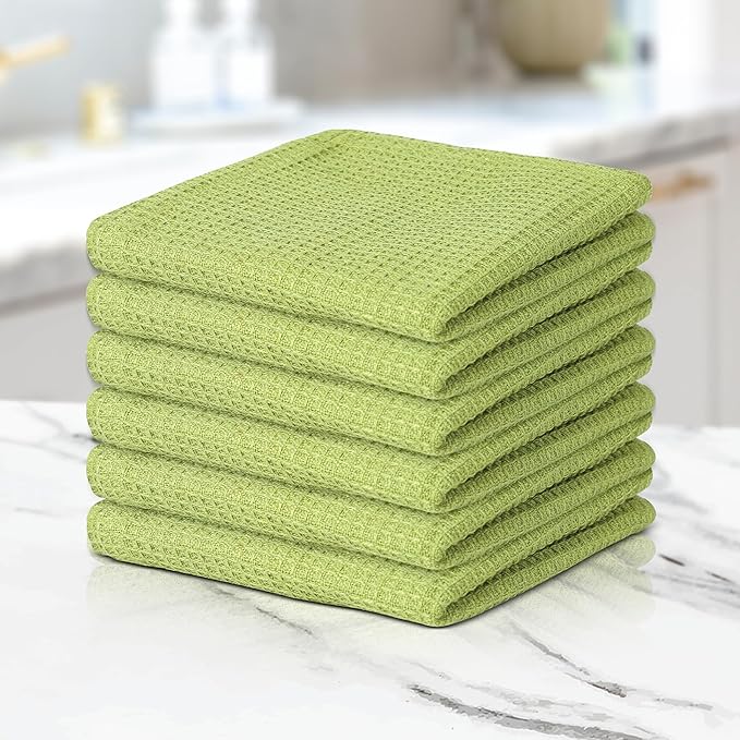 100% Cotton Waffle Dish Cloths (Pack of 6) - Dish Rags for Washing Dishes - Reusable & Highly Absorbent Kitchen Towels - Multipurpose Kitchen Rags - (12" x 12" - Light Green)