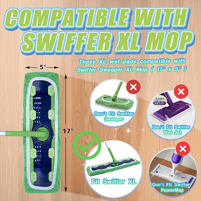 XL Mop Pads Compatible with Swiffer XL Dry Sweeping Cloths, Reusable Wet Pads Refill X-Large Size Fits for Swiffer XL Wet Pads Refills -for Surface Hardwood Floor Cleaning, 2 Pack