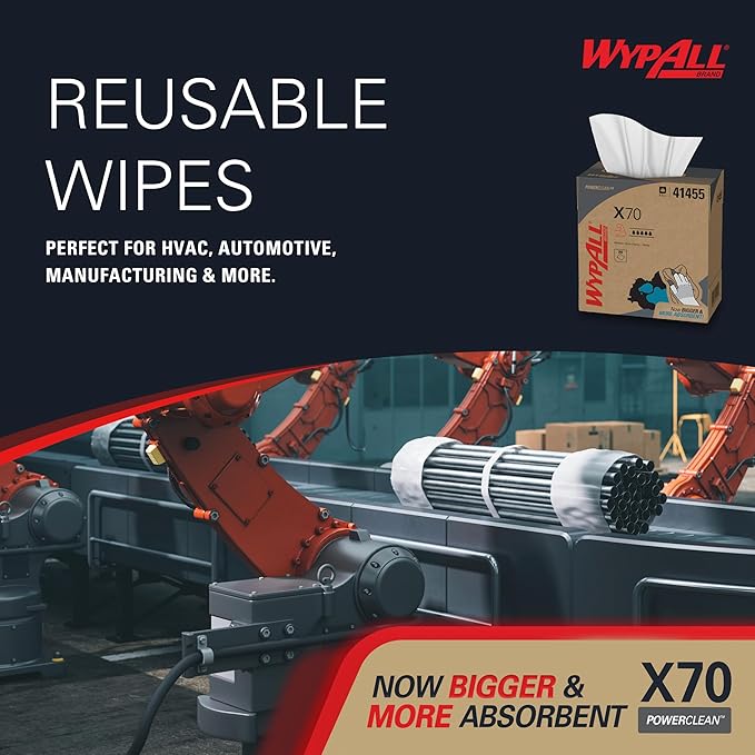 WypAll PowerClean X70 Cloths Medium Duty Wipes (41455), Pop-Up Box, Long Lasting Towels, White (10 Packs of 96 Sheets,960 Sheet Total)