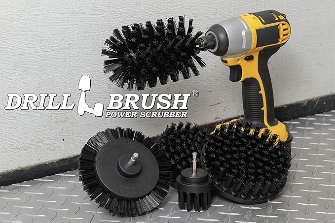 Drill Brush Power Scrubber by Useful Products - 5 Piece Black Drillbrush Ultra Stiff Cleaning Brushes Set - Non Metal Grill Brush Attachment Kit for Cordless Drill - Nylon Grill Grate Cleaner Brushes