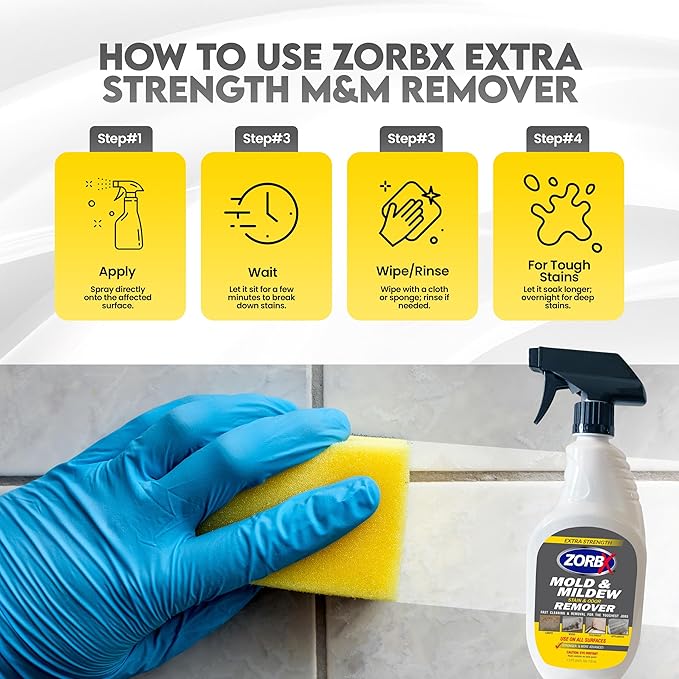 ZORBX Extra Strength M&M Remover & Cleaner Spray 24 FL Oz – Scrub Free Formula - Bleach Free M&M Stain & Smell Eliminator for Shower, Bathroom, Ceiling, Carpet, Cars, Walls & Wood