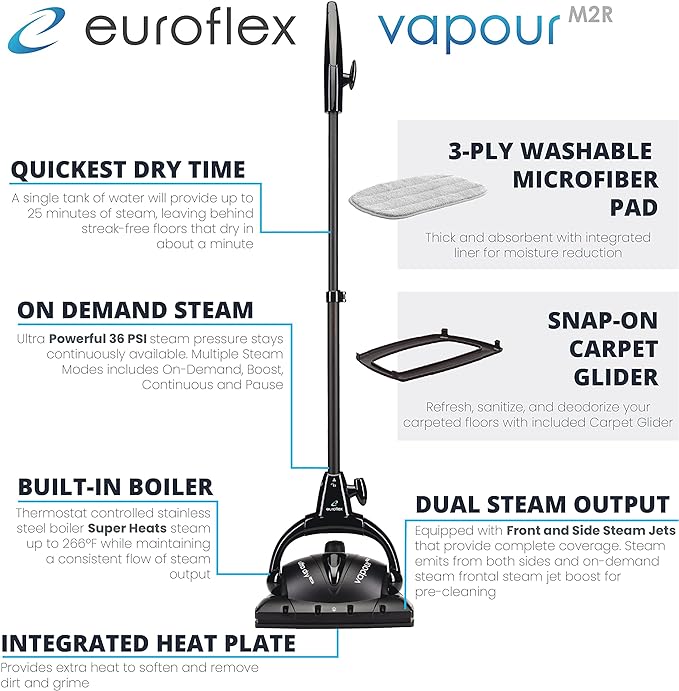 Vapour M2R Steam Mop with Ultra Dry Steam®; "CR Recommended" by Consumer Reports; 295°F & 50 PSI; Italian Engineered; Safe for Hardwood Floors, Tile, Granite, Laminate; 5 Year Warranty