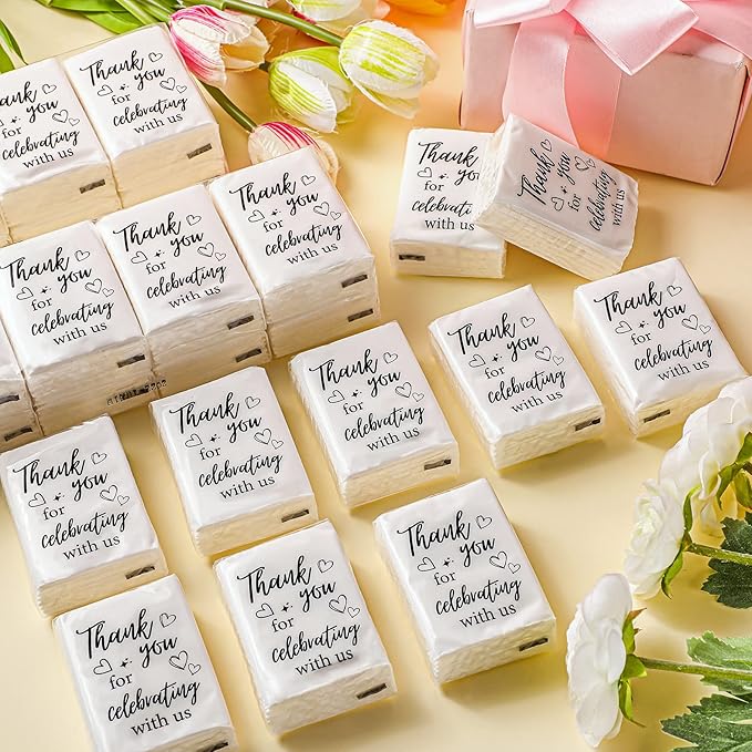 100 Pcs Wedding Facial Tissues Welcome Bags Mini Pocket Tissues Travel Size Wedding Favors for Guests 3 Ply Thank You for Celebrating with Us Celebration Graduation (Minimalist)