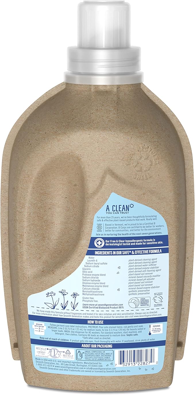 Seventh Generation Concentrated Laundry Detergent, Free and Clear Unscented, 66 loads, 50 Fl Oz (Packaging May Vary)