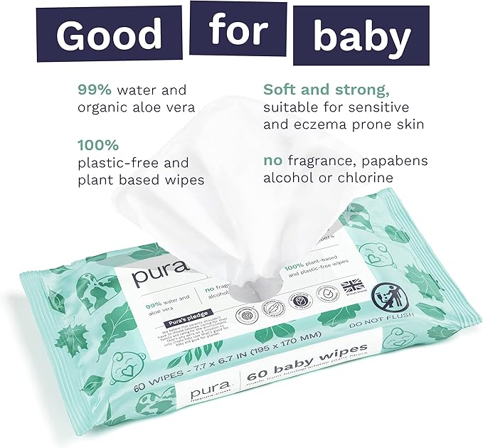Pura Baby Wipes 3 x 60 per pack (180 Wipes) 100% Plastic-Free & Plant Based Wipes, 99% Water, Suitable for Sensitive & Eczema-prone Skin, Fragrance Free & Hypoallergenic, EWG, Cruelty Free (Pack of 2)