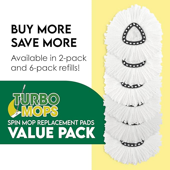 Turbo Mops Mop Refills - Pack of 4 Compatible with Ocedar Mop Refill Heads for Easy Wring Tank - Polyester Spin Mop Heads for Cleaning, White