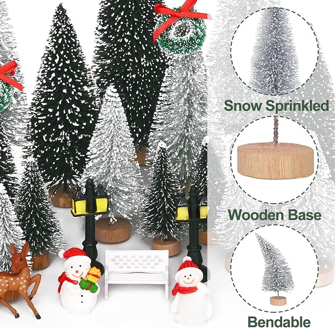 Waipfaru Christmas Village Accessories, 30 Pcs Christmas Village Display Platforms with Snowman, Mini Bottle Brush Christmas Trees, Miniature Small Pine Trees for Xmas Table Winter Decor