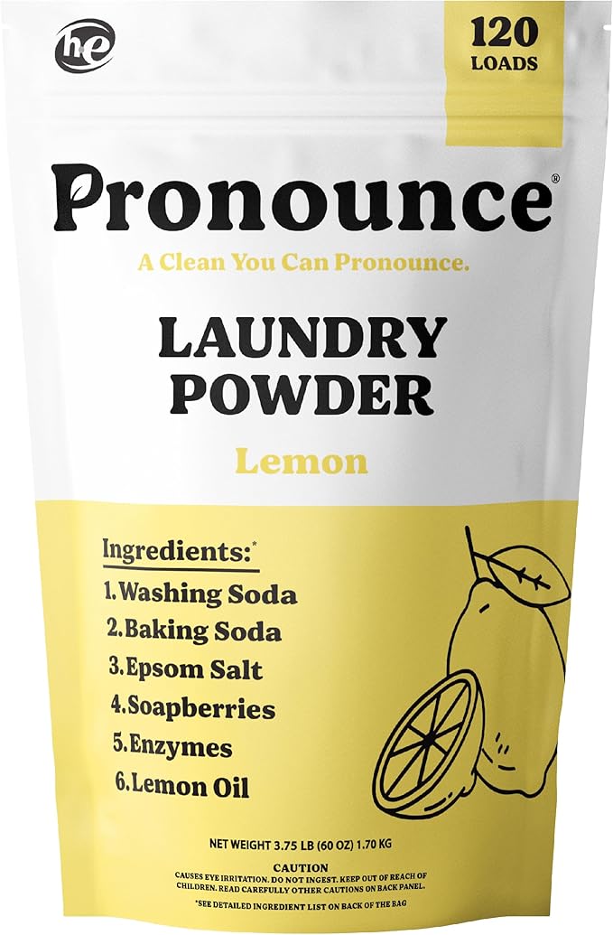 Pronounce Laundry Detergent Powder Alternative | Earth-Derived Ingredients, Eco-Friendly, Safer for Sensitive Skin, Eczema, and Babies. Stain + Smell Fighting. HE Safe (Lemon, 120 Loads).