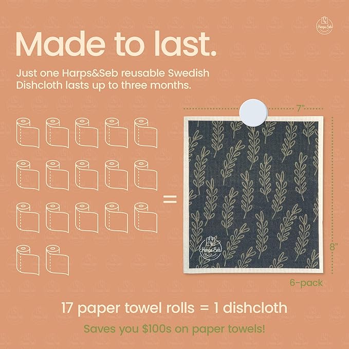 Harps&Seb Swedish Dishcloths for Kitchen Dish Towels - 6 Pack, Reusable Paper Towels with Clips, Super Absorbent Washable Non-Scratch Swedish Dish Towels, No Odor, Biodegradable