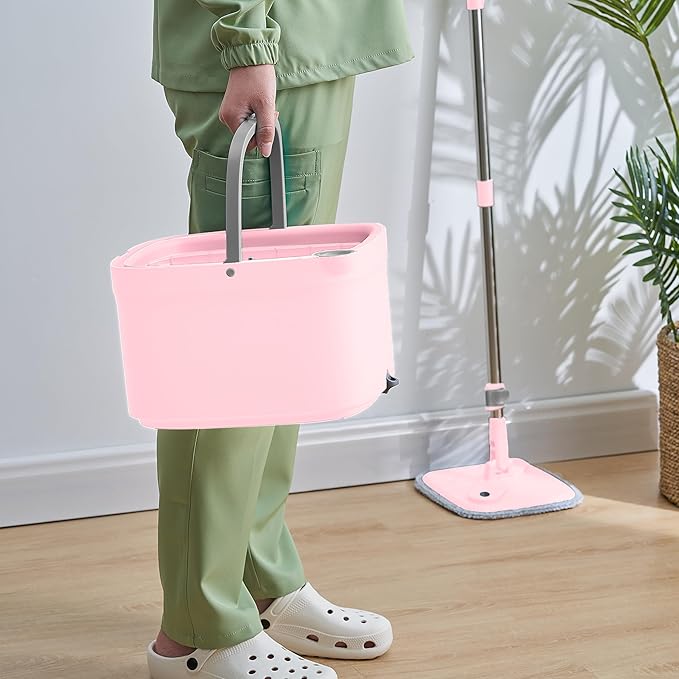 Spin Mop and Bucket with Separate Compartments for Clean and Dirty Water New 2025 Upgraded Version w/Side Brush and Self Standing Handle, Smart Square Mop w/ 2 Machine Washable Microfiber Pads, Rose