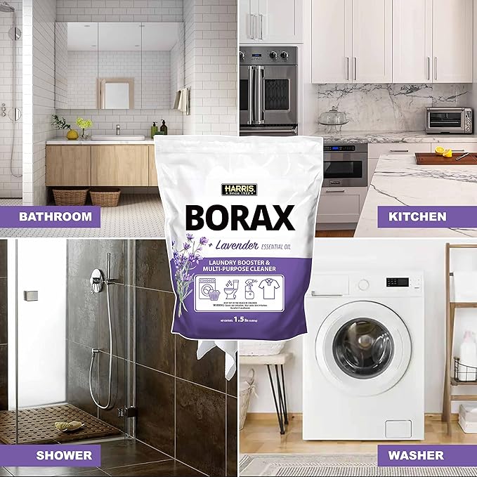 Harris Borax Powder Hard Water Laundry Booster and Multi-Purpose Cleaner, 1.5lb, Pure Essential Oils, No Artificial Fragrance (Lavender)