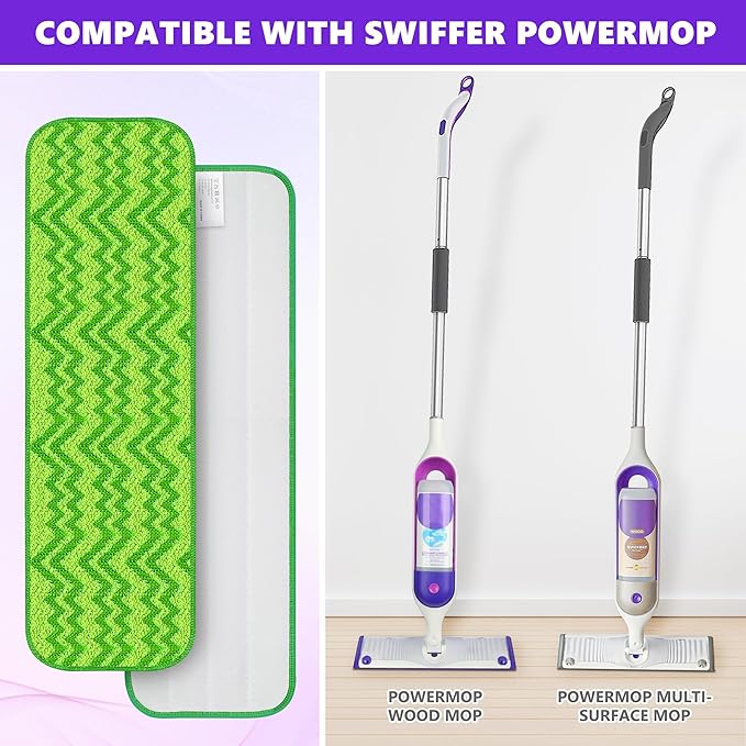 Swiffer PowerMop Compatible Reusable Microfiber Mopping Pad Refills - 6 Pack Washable for Multi-Surface Wood Floor Cleaning, 13-15" Mop, Green