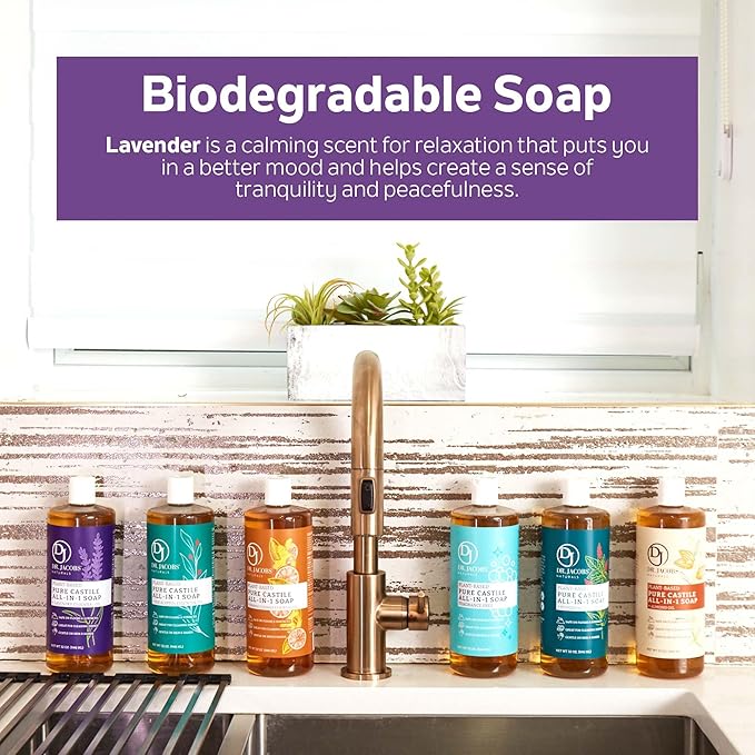 Dr. Jacobs Naturals Lavender Castile All-In-One Cleaner and Soap, Effective Plant-Based Formula for House Cleaning. Eco-friendly for Home Essentials and the Planet (32 Fl Oz, 1 Pack)