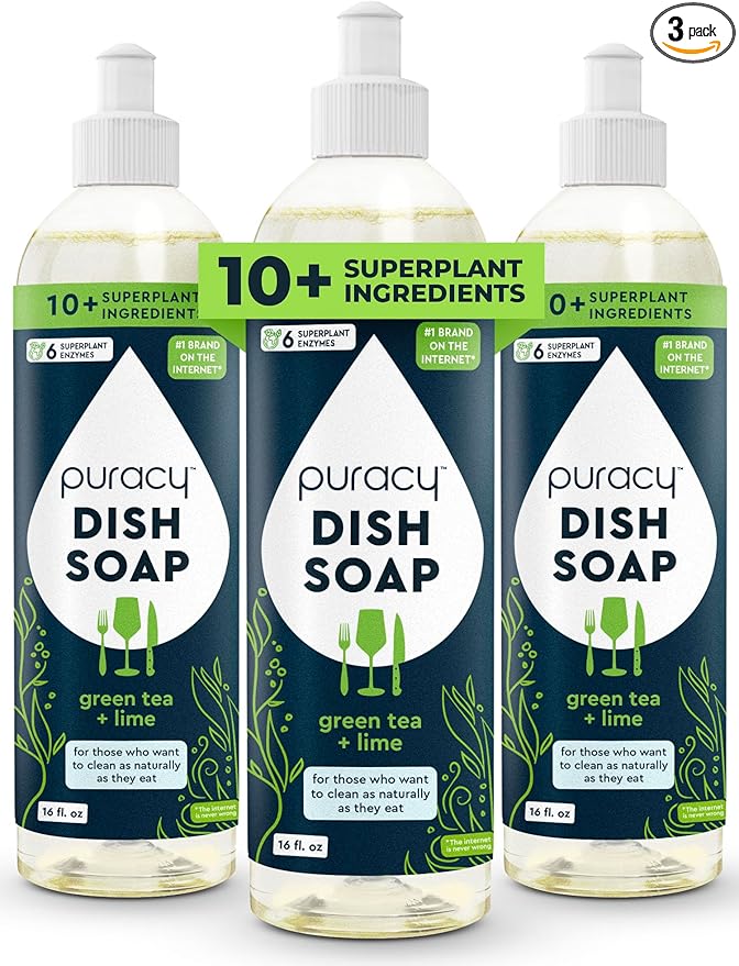 Puracy Natural Dish Soap - Skin-Softening Plant-Based Dishwashing Soap, Non-Toxic Dish Soap, Organic Liquid Dishwashing Detergent Soap (Green Tea & Lime, 16 fl oz, 3 Pack)