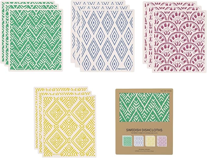 RECYCO Reusable Dish Cloth 12 Pack Swedish Dish Clothes for Kitchen Counter Cotton Cellulose Absorbent Machine Washable Plant Based Okeo Tex Standard 100 Sponge Wipes Women Owned (Boho)