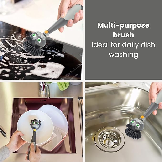 Vigar Felix Cat-Shaped Soap Dispensing Dish Brush, Dish Brush with Soap Dispenser for Pot Scrubber, Dishes, Sink, and Kitchen Essentials, Black, Gray