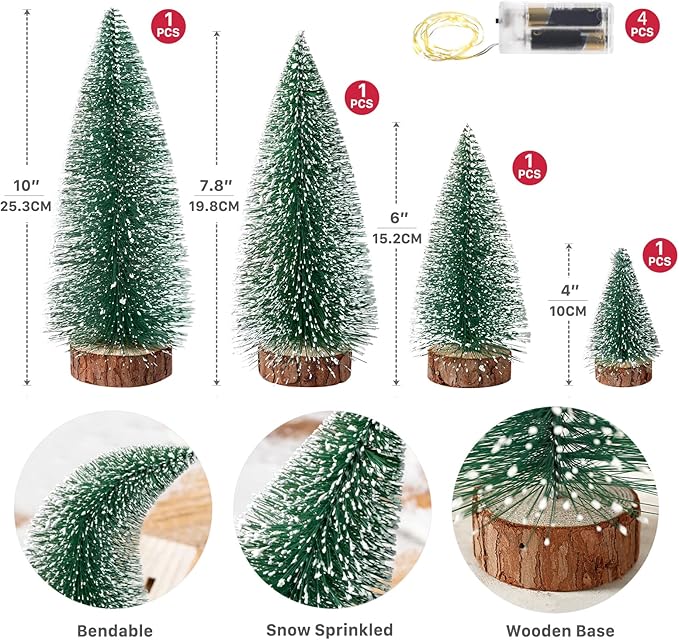 4PCS Mini Christmas Tree with Lights, Bottle Brush Trees, Christmas Table Decorations, Small Christmas Village Trees for Xmas Holiday Party Home Craft (Lighted)