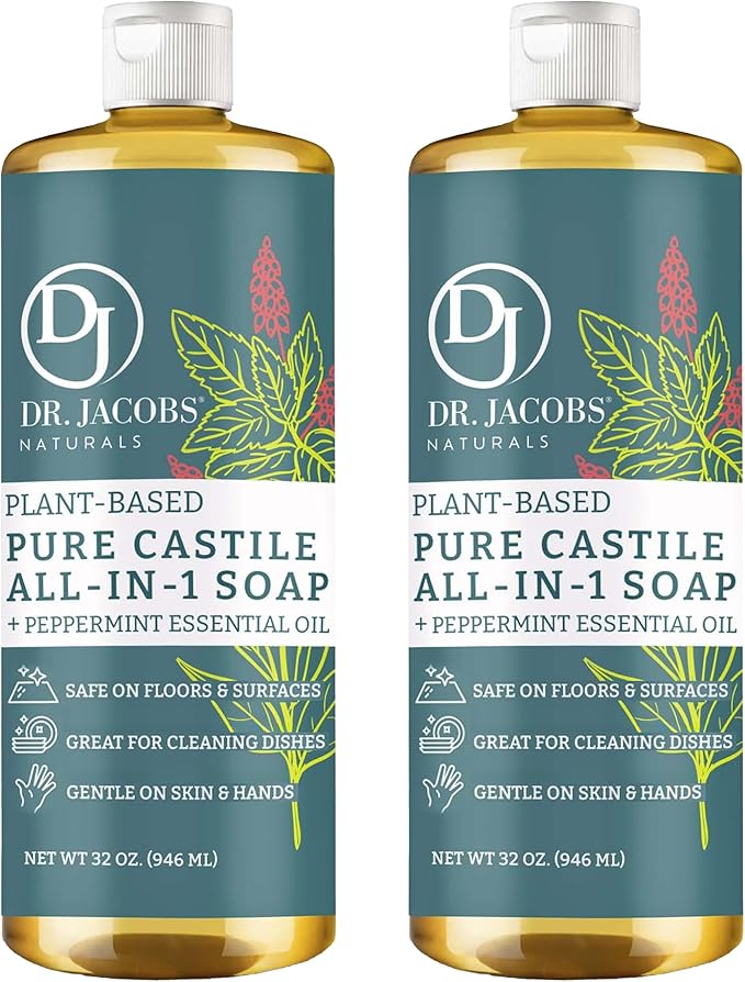 Dr. Jacobs Naturals Peppermint Castile Soap All-Purpose Cleaner, Effective Plant-Based Formula for House Cleaning. Eco-friendly for Home Essentials and the Planet (32 Fl Oz, 2 Pack)
