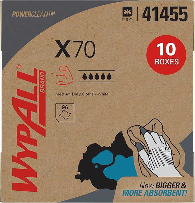 WypAll PowerClean X70 Cloths Medium Duty Wipes (41455), Pop-Up Box, Long Lasting Towels, White (10 Packs of 96 Sheets,960 Sheet Total)
