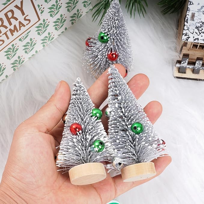 Yookat 12Pcs Mini Christmas Trees Small Sisal Trees Mini Pine Trees with Wood Base Mini Bottle Brush Trees Artificial Mini Christmas Trees Assorted Color for Christmas Winter Decoration (Silver)