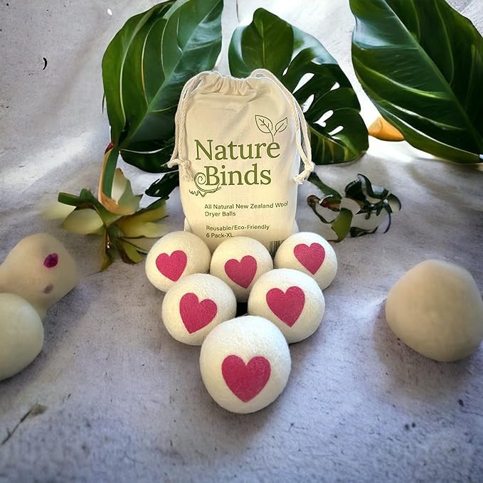 Dryer Balls Red Heart Natural Wool Reusable Eco-Friendly 6-Pack XL Premium All Natural Reduces Wrinkles Saves Drying Time Chemical Free Alternative to Dryer Sheets and Fabric Softener