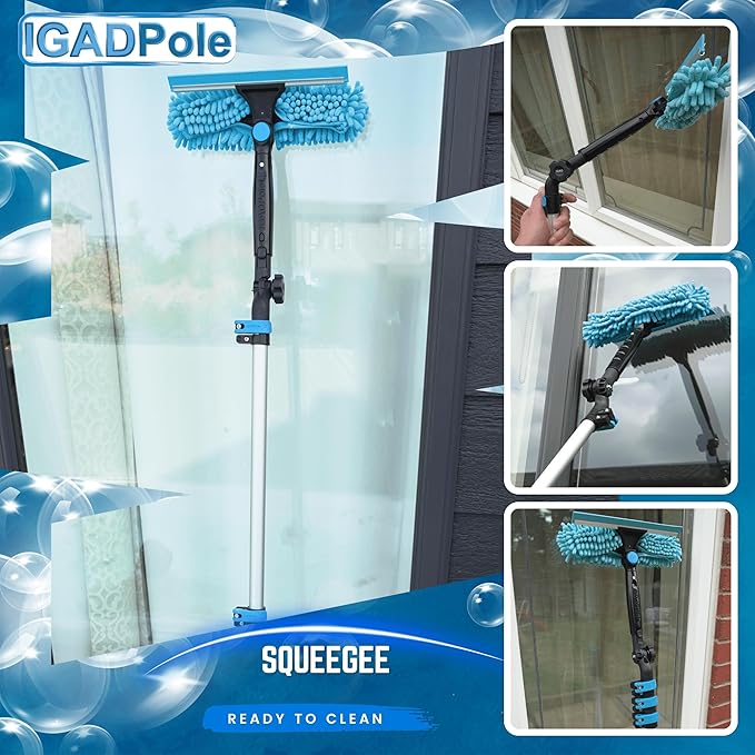 24ft IGADPole Washing Kit: Water-fed Brush, Cobweb Duster and 10” Squeegee and Soap Dispenser, with 6-Stage Telescoping Pole 5-24ft Pole