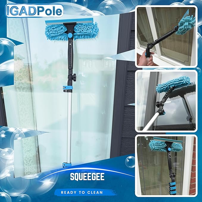 26ft IGADPole Washing Kit: Water-fed Brush, Cobweb Duster and 10” Squeegee and Soap Dispenser, with 5-Stage Telescoping Pole 5-20ft Pole